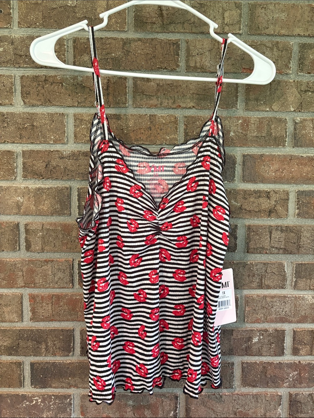 YMI Black & White Striped Camisole with Red Lip Print